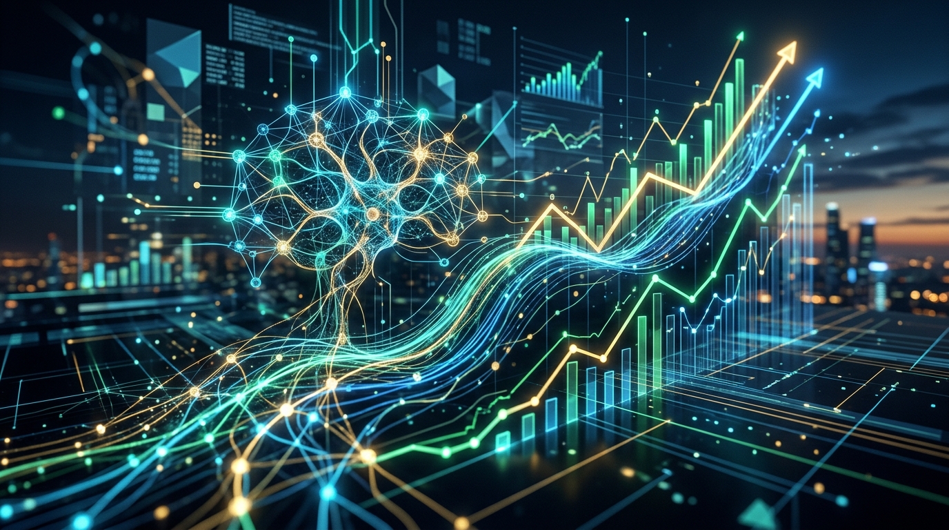 صورة تعبيرية لرمز شركة أوبن إيه آي مع رسوم بيانية صاعدة في الخلفية، ترمز إلى اكتتاب أوبن إيه آي والنمو المتوقع.