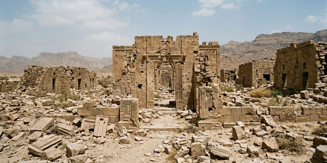 مشهد يظهر موقعًا أثريًا يمنيًا متضررًا، يرمز إلى التراث الثقافي اليمني المهدد.