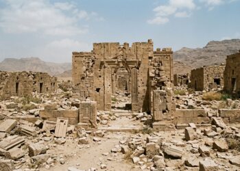 مشهد يظهر موقعًا أثريًا يمنيًا متضررًا، يرمز إلى التراث الثقافي اليمني المهدد.