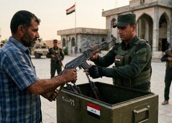 صورة تعبيرية تظهر يد تمسك سلاحًا ويد أخرى تضعها في صندوق يمثل الدولة، رمزًا لجهود حصر السلاح في العراق.