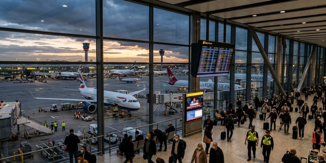 صورة لمطار الكويت الدولي مع إشارة إلى ادعاء إيران مطار الكويت وهجمات الطائرات المسيرة.