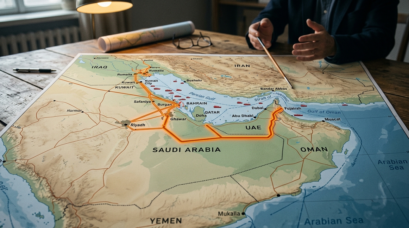 خارطة توضح مسارات نفط بديلة للكويت متجاوزة مضيق هرمز