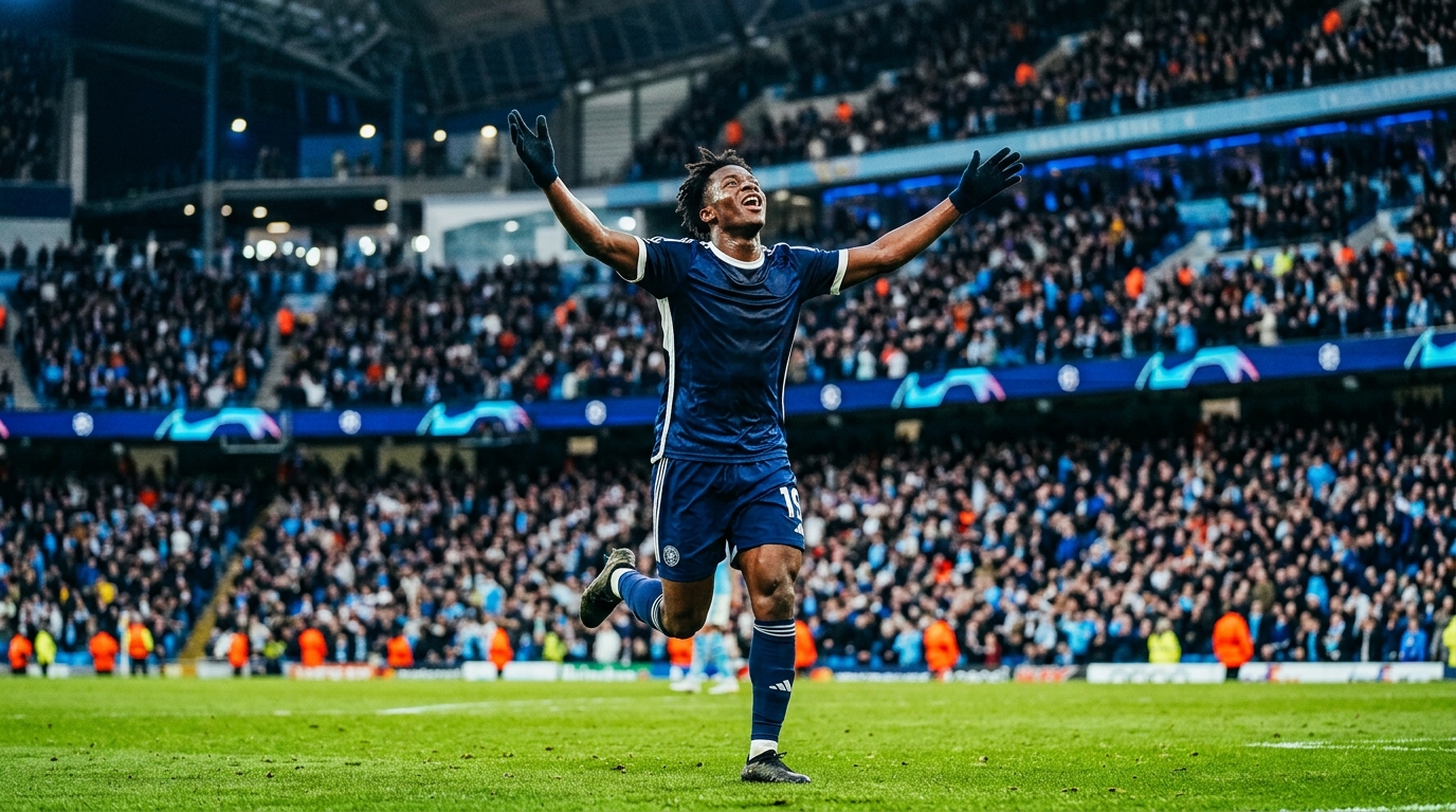 لاعب كرة قدم شاب يحتفل في ملعب كبير، يمثل المواهب الشابة في المونديال.