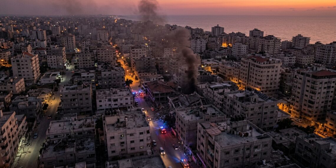 صورة بانورامية لقطاع غزة بعد غارات إسرائيلية، تظهر آثار الدمار والدخان المتصاعد.