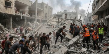 صورة تظهر آثار دمار في شقق سكنية بمدينة غزة بعد غارات إسرائيلية، مع وجود فرق إنقاذ وأشخاص يبحثون بين الأنقاض.