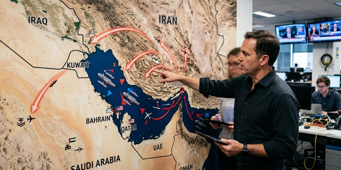 خريطة توضح منطقة الخليج مع صواريخ وطائرات مسيرة، ترمز إلى التصعيد العسكري بين إيران وأمريكا.