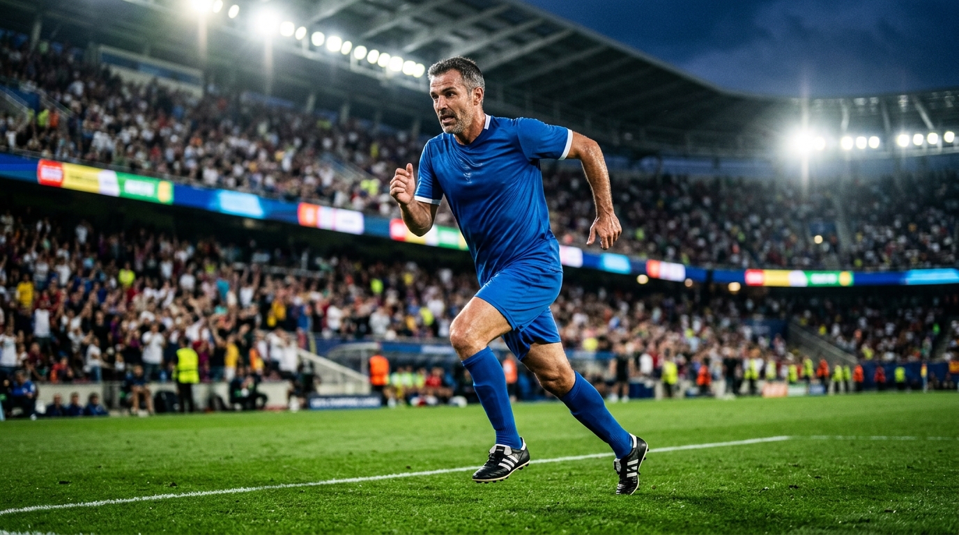 لاعب كرة قدم أربعيني يركض في ملعب المونديال، يظهر قوة وتحملاً رغم تقدم العمر.