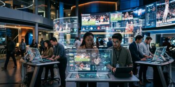 صورة مستقبلية لغرفة أخبار رياضية تعرض تحليلات وبيانات متقدمة، تعكس مستقبل الإعلام الرياضي