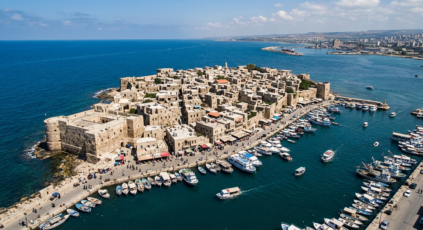 منظر جوي لجزيرة أرواد السورية يبرز أهميتها التاريخية والاقتصادية في سياق تنشيط اقتصاد سوريا من أرواد.