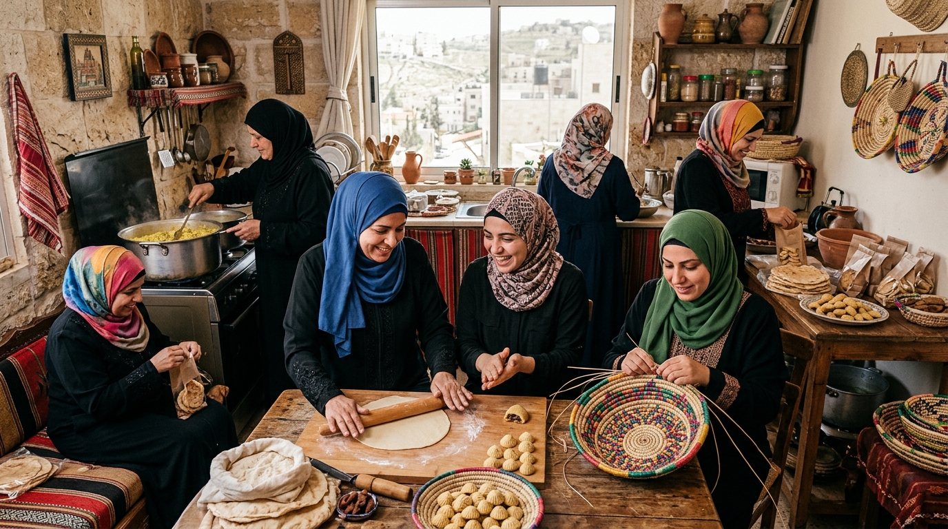 نساء أردنيات يعملن في مشاريع منزلية صغيرة، رمز لتمكين المرأة اقتصاديا في الأردن.